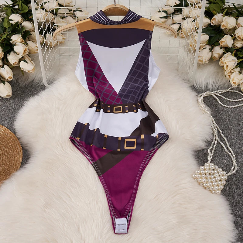 kawaii cartoon bodysuit costume for women sleeveless high cut printed mock neck with belt print design