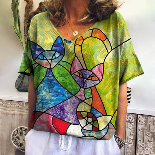 Women's T-shirt 3d Cute Cat Print V-neck Tops Summer New Kawaii Animal Short-sleeved Fashion Loose Large Size Women's Tops