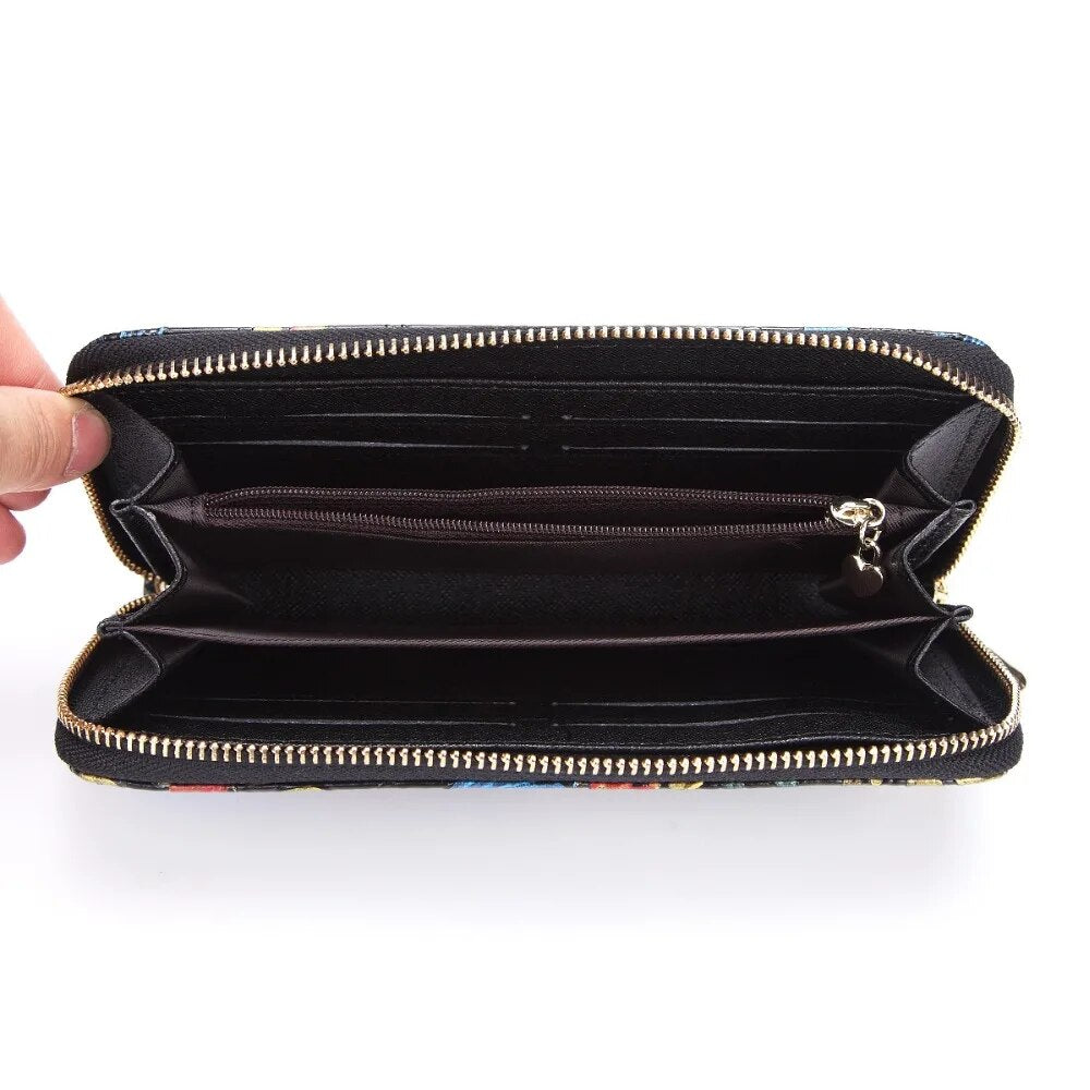 Women Genuine Leather Long Purse Wrist Clutch Bags Cowhide Floral Pattern Retro Coin Cash ID Card Holder Money Handy Bag Wallet