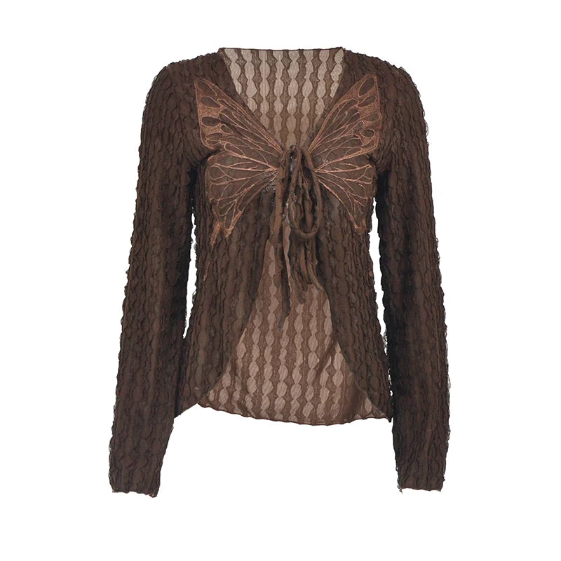 Autumn Gothic Y2K T-shirts Women Streetwear Lolita Fashion Bufferfly Bandage V-Neck Long Sleeves Top Sexy Casual BasicLong Tops