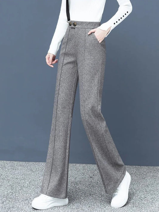 Herringbone Woolen Cloth Wide Leg Pants Women Autumn and Winter 2023 High Waist Pants Vintage Slim Elastic Waist Woman Trousers