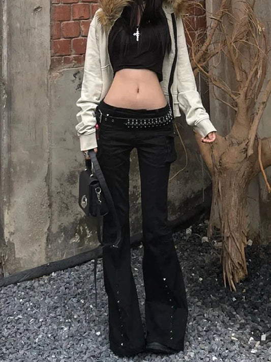 Women Dark Academia Goblin Core Long Trousers Gyaru Goth Low Rise Flare Pants Y2K Streetwear Stretch Japanese Harajuku Grunge