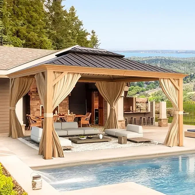 12x20 Gazebo, Hardtop Wood-Looking Gazebo with Galvanized Steel Double Roof, Patio Hardtop Gazebo with Netting and Curtains