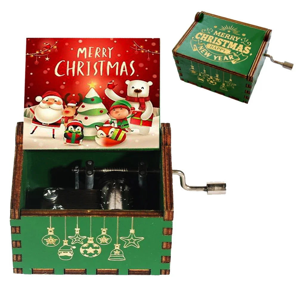 Merry Christmas Music Box Wooden Antique Carved Hand Cranked Classic Theme Music for Birthday Party Gifts Family Decoration