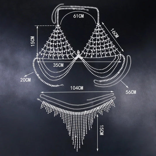 Sexy Rhinestone Bra And Thong Set For Women Bikini Nightclub Prom Body Chain Mesh bra tassel Underwear Hollow Jewelry