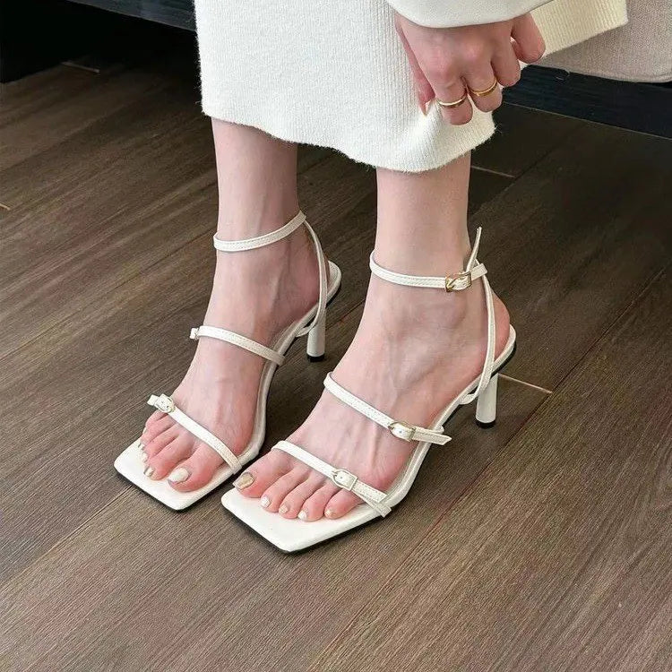 New Women's Shoes Fashion Buckle Design Square Toe Thin High Heel Sandals Shoes for Women Sandalias De Mujer 2023