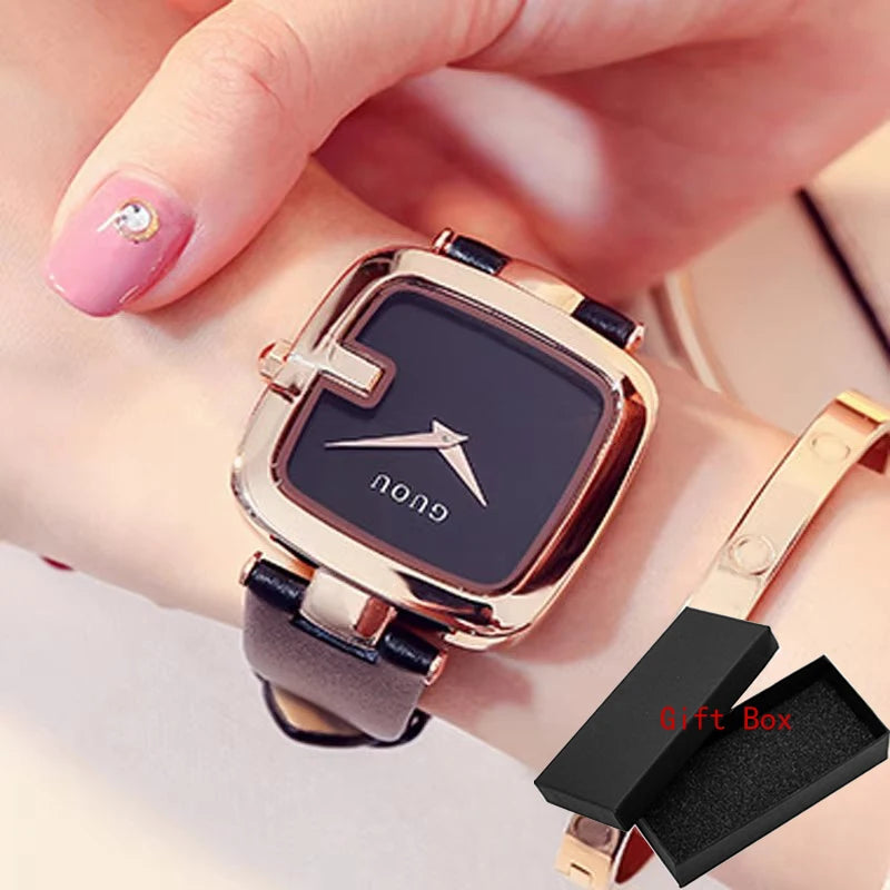 Guou Top Brand Women's Watches 2020 New Square Fashion Zegarek Damski Luxury Ladies Bracelet For Women Leather Strap Clock Saati