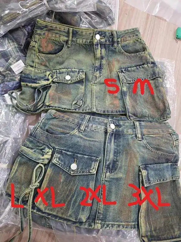 DEAT Women's Denim Skirts Tie-dye Green Irregular Spliced Multiple Pockets Cargo Mini Skirt 2025 Summer New Fashion 29L3411