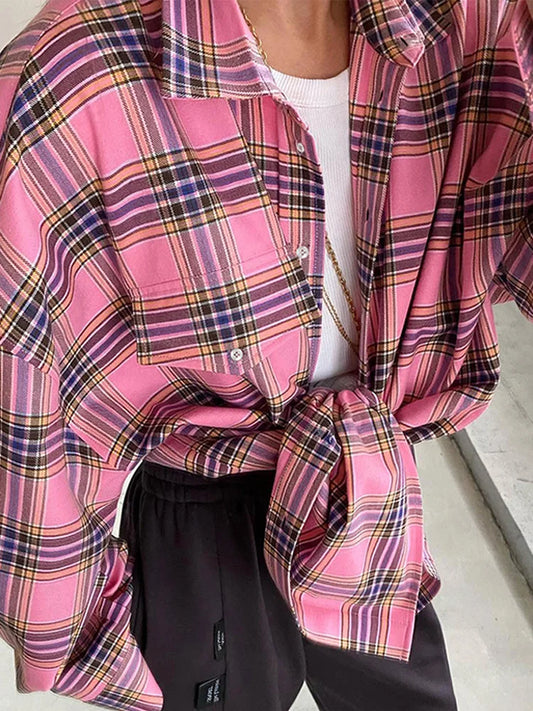 Casual Spring Women's Plaid Shirt Colorful Oversize Check Street Lapel Female Shirts 2024 New Vintage Fall Lady Blouse Coat Top
