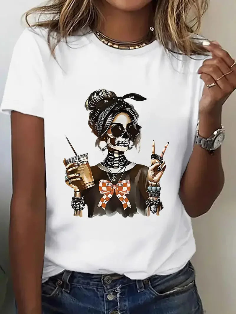 EtherealBe women's skeleton graphic Halloween t-shirt with stylish design and vibrant colors