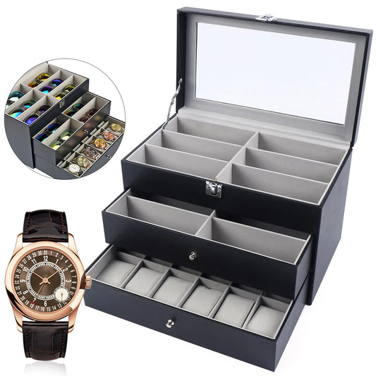 /24 Grid Jewelry Collection Storage Holder Box Leather Watch Glasses Display Case Sunglasses Storage Holder