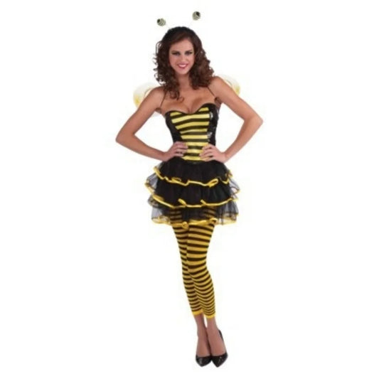 Women Halloween Bee Costume Set Sleeveless Cami Bodysuit with Cute Headband and Mesh Wing