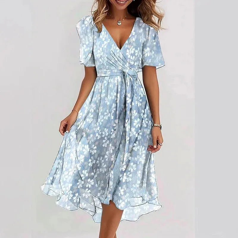 Elegant Sexy V Neck Floral Chiffon Mini Skirt Ladie Summer High-waisted Short Sleeve A-Line Bohemian Dress Evening Dress