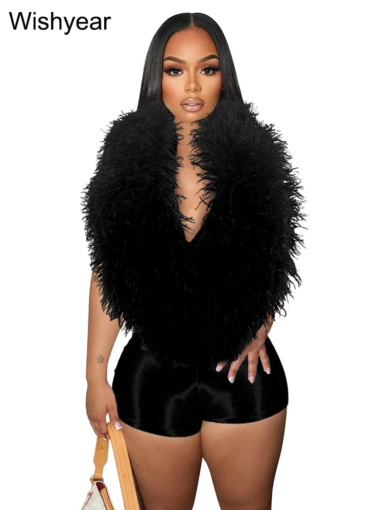 Fashion White Fluffy Backless Halter Faux Fur Short Jumpsuits Women Summer Sleeveless Playsuits One Pieces Party Night Clubwear