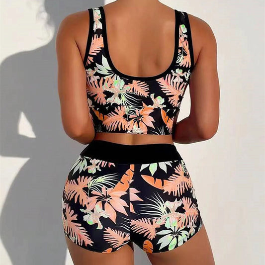 Women High Waisted Print Bikini Wide Shoulder Straps Border High Waist Push Up Swimwear Summer Separate Two-Piece Swimsuit