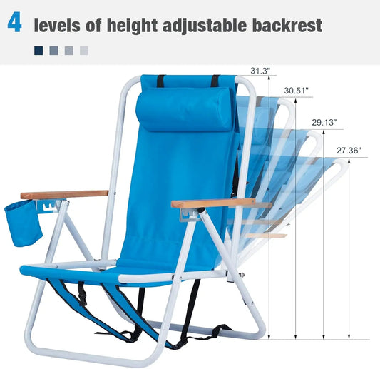 Foldable Reclining Beach Chair 2 Pack, Portable Camping Chairs with Straps,Backpack Beach Chairs for Adults with Headrest, Cup H