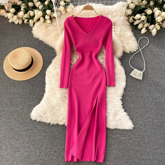 Autumn Winter Sexy High Split Sweater Dress Women Full Sleeve Basic Slim Elastic Bodycon Long Dress Party Vestidos