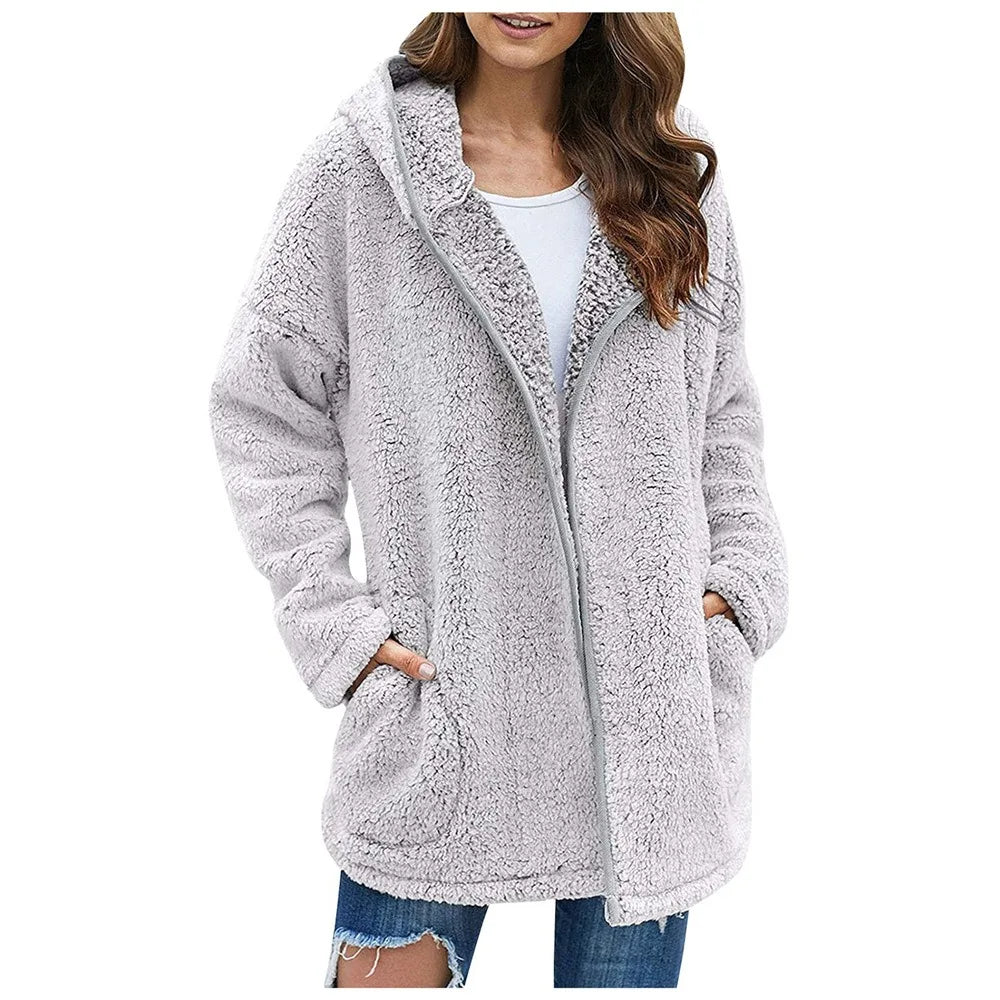 Autumn and Winter New Casual Solid Colour Lapel Hooded Long-sleeved Plush Sweater Fleece Jacket