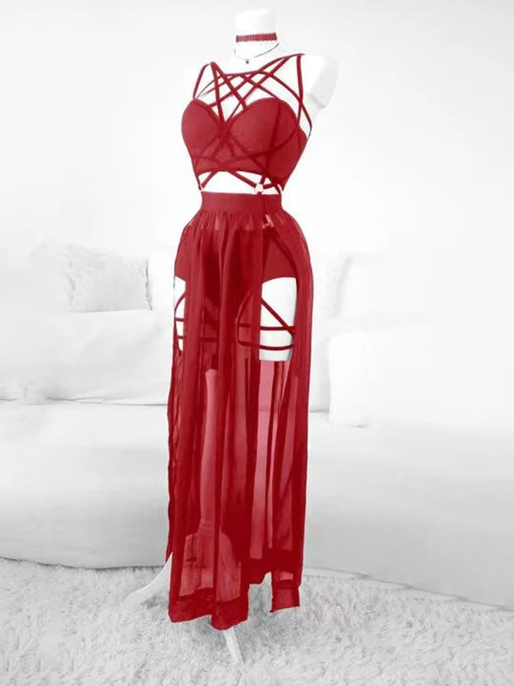 2024 Gothic Club Corsets Sexy Skirt Set See Through Mesh Backless Women Sleeveless Dark Crop Tops Bandage Underpants Skirt 3 pcs