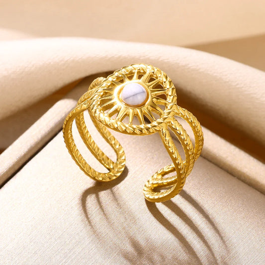 Round Sun Natural Stone Hollow Rings For Women Trendy Aesthetic Classic Gold Color Ring Vintage Stainless Steel Jewelry Gift New