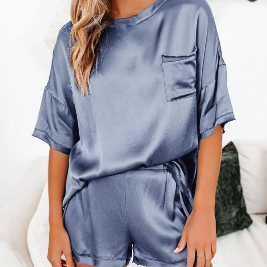 Women Spring Autumn 2pcs Satin Pajamas Set Short Sleeve Button Up Shirt and Casual Loose Elastic Pants Sleepwear Loungewear