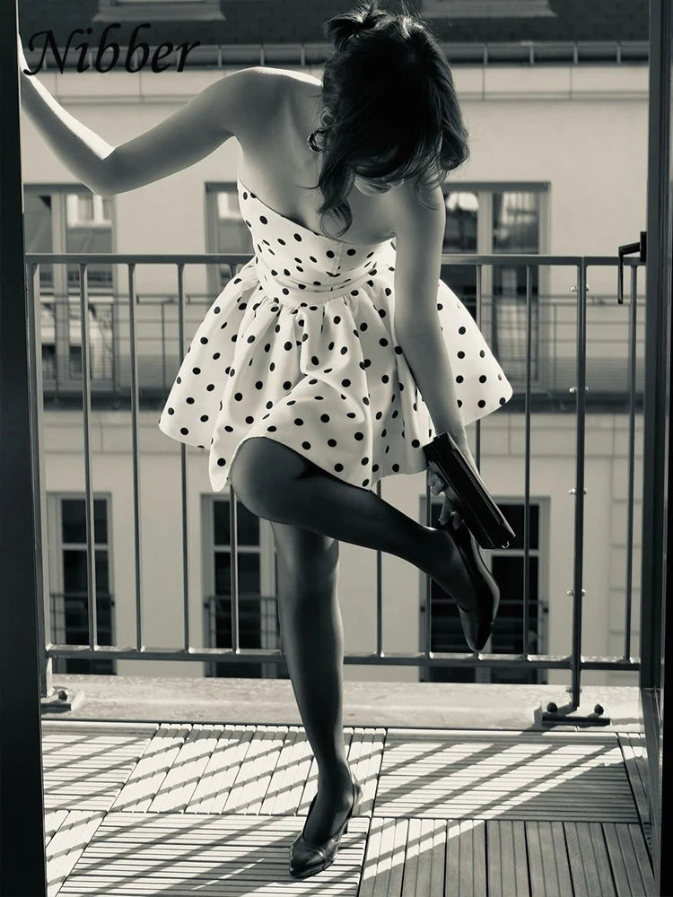 Nibber Dots Print Dress Women Chest Wrap Backless Bow Applique Ruffles Loose Hem 2025 Y2k Trend Streetwear Chic Mini Bodycon