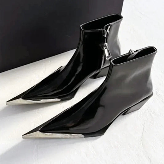 Luxury Designer Pointed Toe Chelsea Boots Women 2025 Fall Chunky Heel Metal Toe Decoration High Heels Side Zip Black Ankle Boots