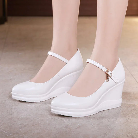 high quality leather shoe for women 7cm wedge high heel platform round toe 32 33 42 43 elegant and fashion shoe white red black