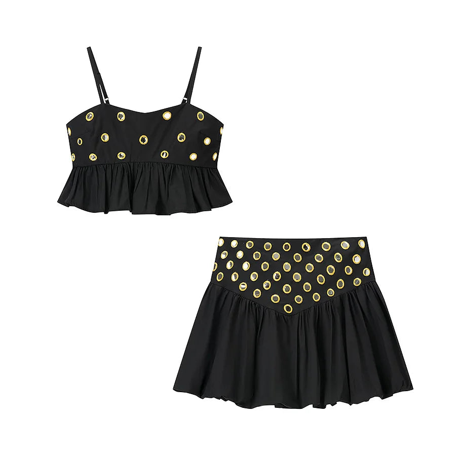 Women's Metal Hollow Pleated Suspender Skirt Two Piece Set Sexy Sleeveless Vest High Waist Mini Skirt Lady Vacation Dress Sets
