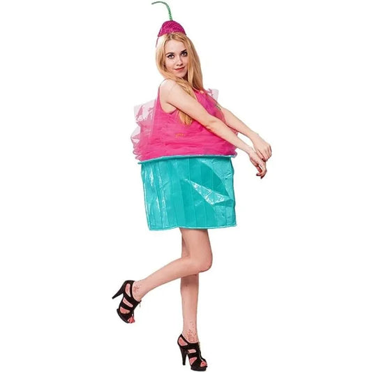 EtherealBe women's cupcake costume featuring a pink top and blue skirt with a cherry headpiece