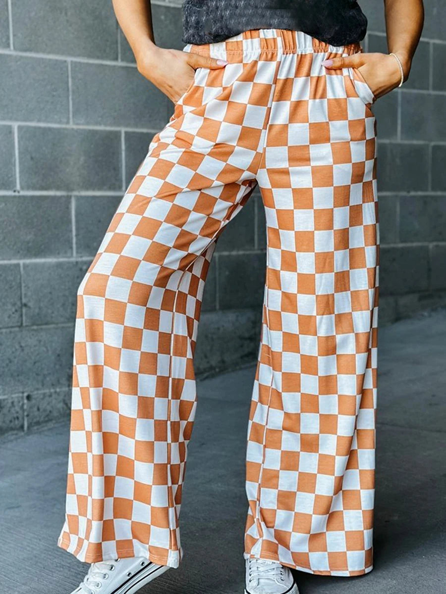 Womens Checkered Wide Leg Pants High Elastic Waisted Straight Loose Fitted LoungeTrouser Y2k Korean Streetwear