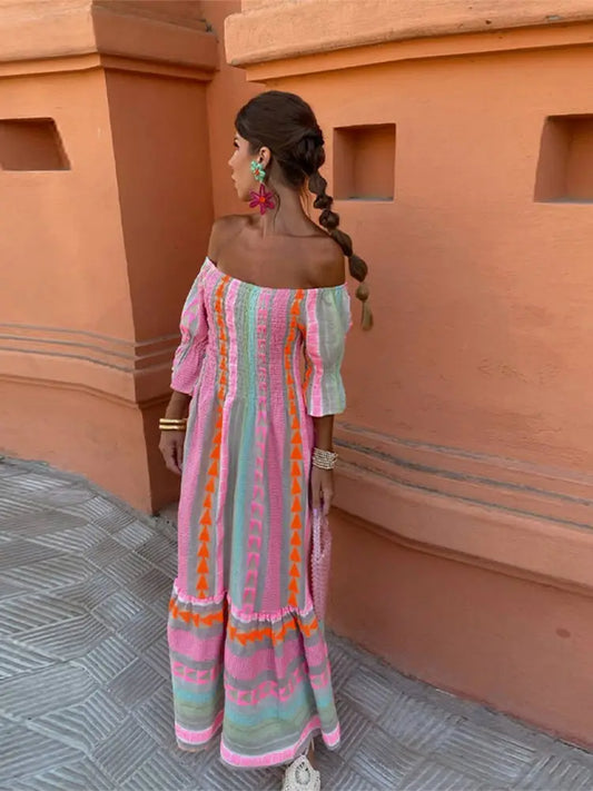 Colorful Rainbow Stripe Print Ruffles Dress Women Sexy Off Shoulder Backless Flods Vestidos Summer Chic Female High Streetwear