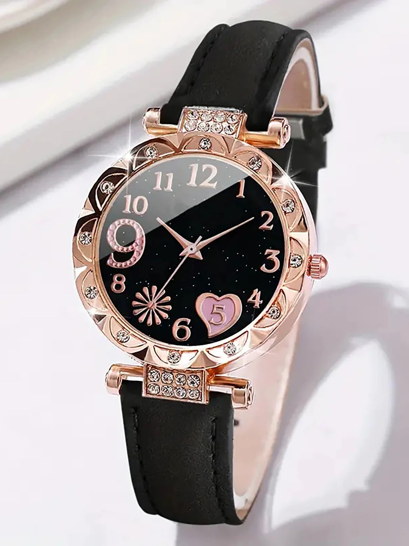 6PCS Women's Fashion Quartz Watch Luxury Pink Leather Band Analog WristWatch Ladies Watch Women Dress Bracelet Set Clock
