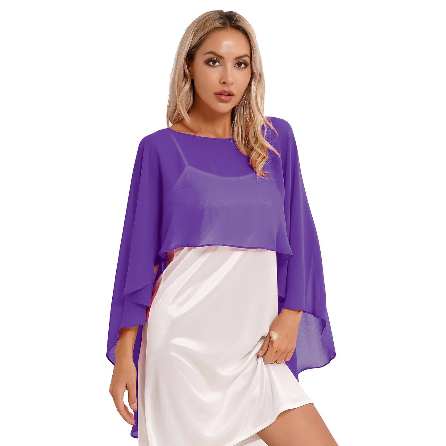 Women Chiffon Solid Pullover Capes Shawl Hi-low Hem Thin Soft Shrug Ponchos for Wedding Bridal Bridesmaid Evening Party Dress