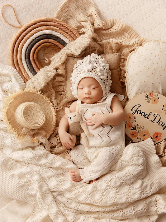 Newborn Photography Props Nordic Style Theme Set Knitted Hollow Jumpsuit Crochet Flower Hat Doll Rainbow Studio Baby Photo Props