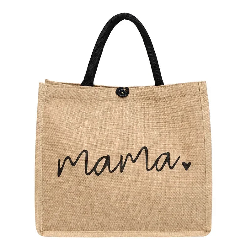 Women Tote Bag Mama Letter Printing Casual Fashion Linen Handbag Large Capacity Shopping Shoulder Bag Mother’s Day Gifts for Mom