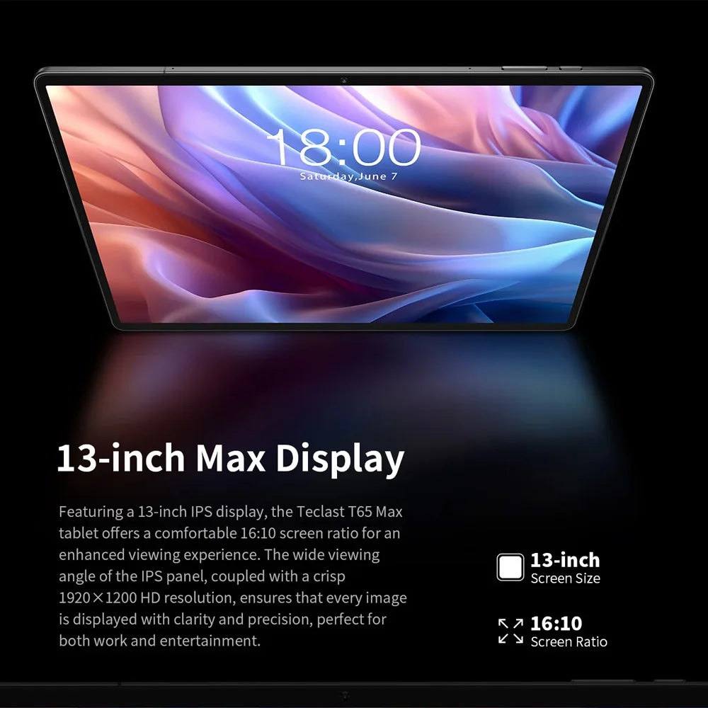 【World premiere】 Teclast T65 Max 13 "HD Display Android 14 Tablet MediaTek G99 8GB RAM GB ROM mAh Battery Widevine L1