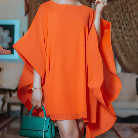 Lemongor 2024 New Elegant Batwing Sleeve Party Evening Orange Dress Summer Fashion Solid Color Round-neck Mini Dresses For Women