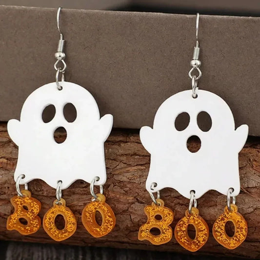 EtherealBe Halloween ghost earrings for women with orange BOO charms and silver hooks