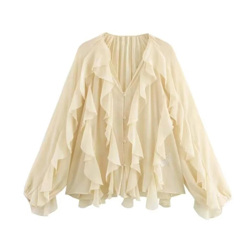MUJER Ruffle Womens Blouses Semi Sheer Casual Blouses Woman Spring Fairy Shirts and Blouses for Lady Long Sleeve Tops Woman 2025
