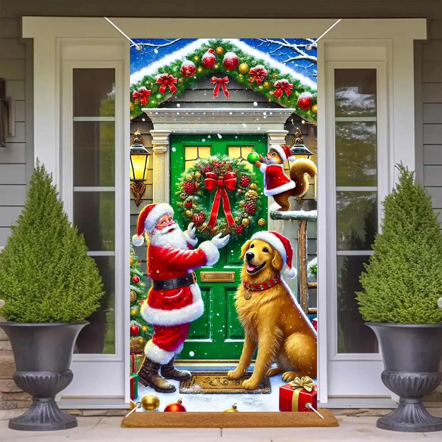 Christmas banner, Christmas dog holiday, Christmas welcome door banner, indoor and outdoor wall decoration, polyester