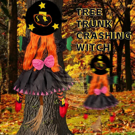 EtherealBe Tree Trunk Crashing Witch Halloween Outdoor Decor with Orange Hair and Black Dress