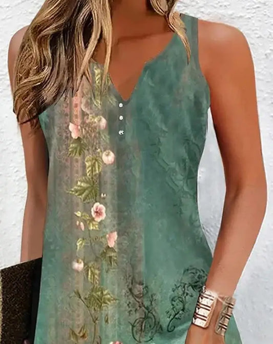 Women's Dresses 2023 Summer Fashion Tribal Floral Print Notch Neck Casual Sleeveless Daily Mini A Line Dress Y2K Clothes