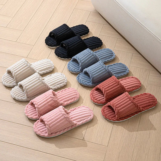 Women's Home Slippers Autumn Winter Corduroy Flip Flops Indoor Warm Solid Color Concise EVA Anti Slip Living Room Shoes