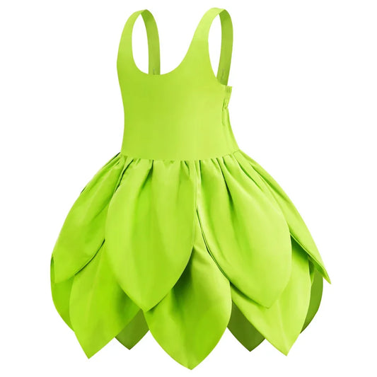 Kids Tinker Bell Halloween costume dress in bright green with leaf-shaped design for playful dress-up