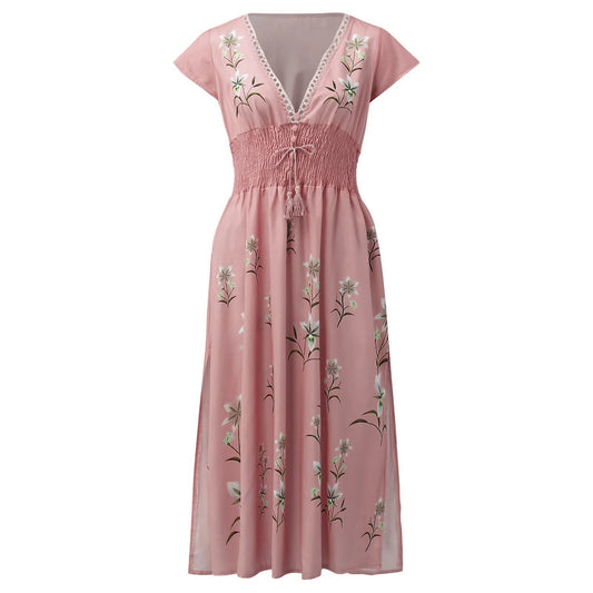Beach Boho Dress Women Ruffled V-Neck Floral Vintage High Waist A-Line Long Dress Sleeveless Lace Up Jacquard Maxi Sundress