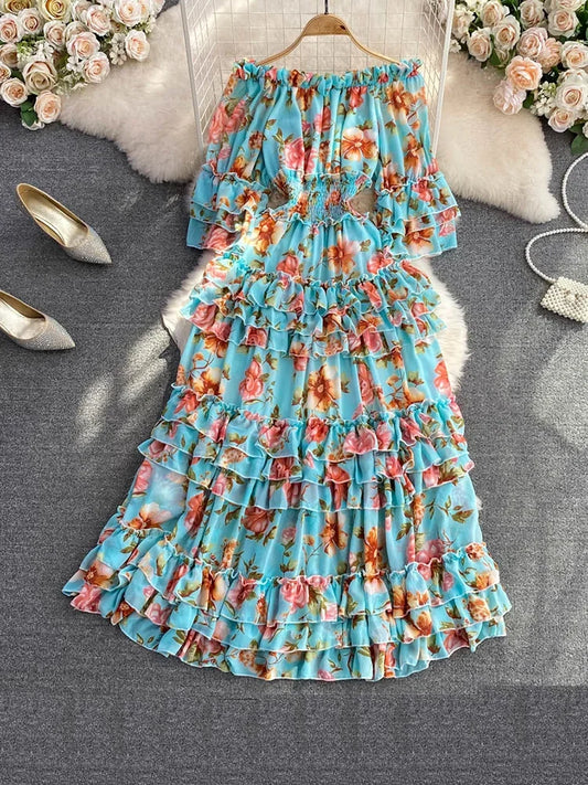 Summer New Off Shoulder Wrap Waist to Show Thin A-line Fragmented Cake Dress Women's Beach Vacation Chiffon Long Dress GD820