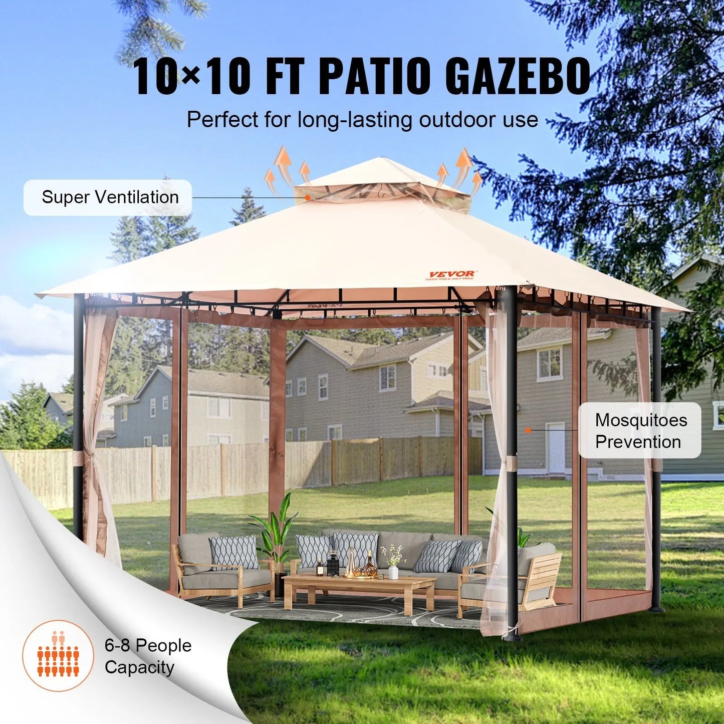Patio Gazebo for 6-8 Person, 10 x 10 FT Backyard Gazebo, with Mosquito Netting, Metal Frame, and PU Coated 180G Polyester, Outdo