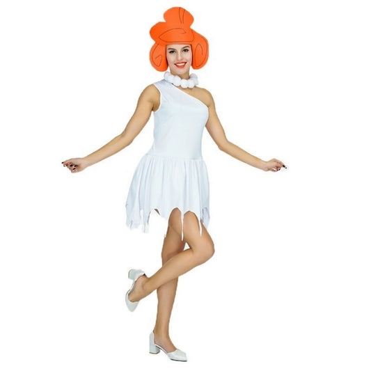 Stylish Wilma Flintstone costume for women featuring a one-shoulder white dress and iconic orange wig