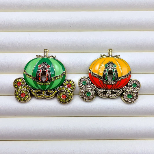 EtherealBe Halloween brooch pins featuring colorful pumpkin carriage designs with shimmering accents